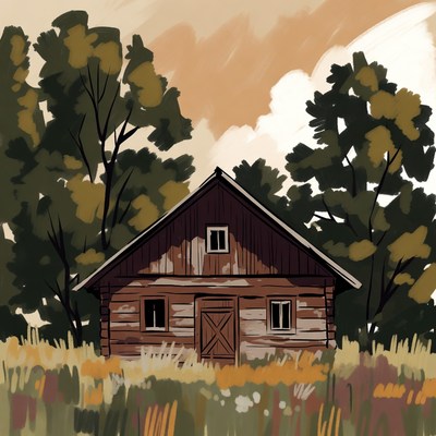 Log Cabin in Autumn Field