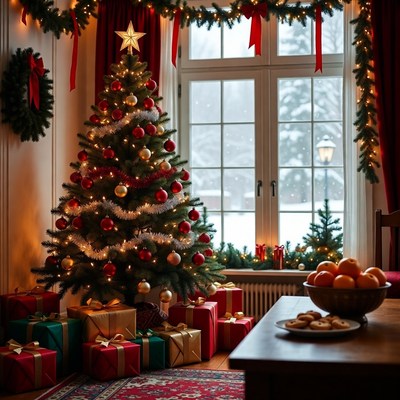 Festive Christmas Tree by Snowy Window