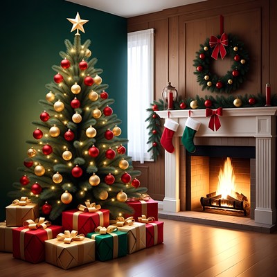 Festive Christmas Tree by Fireplace