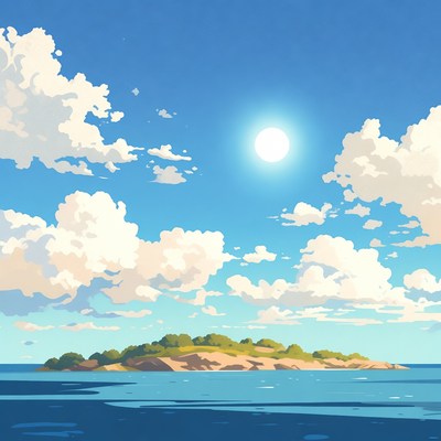 Island in sunny ocean with clouds