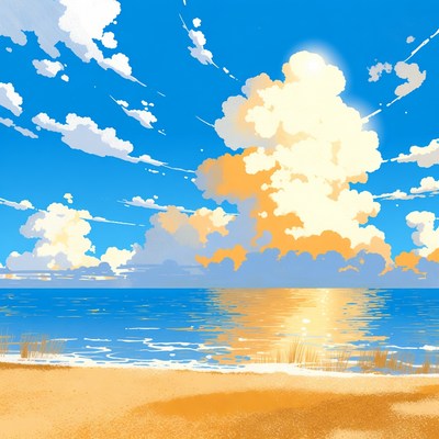 Vibrant Ocean Beach Sunset Illustration