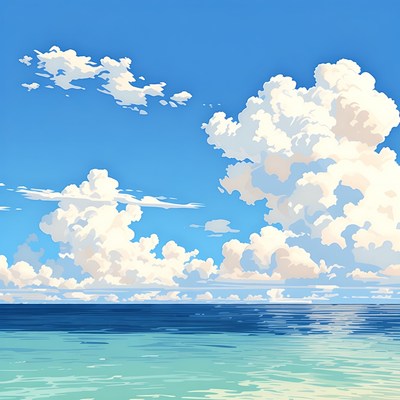 Fluffy Clouds Over Blue Ocean