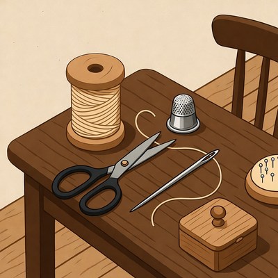 Sewing tools on wooden table