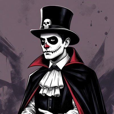 Skeleton-faced man in top hat