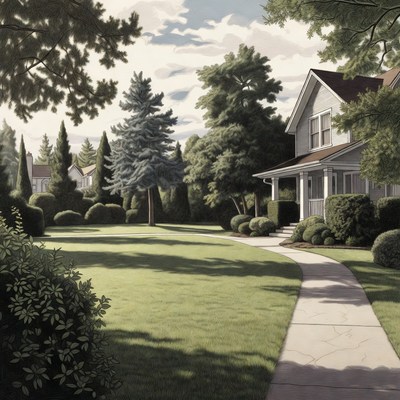 White house with path in green yard