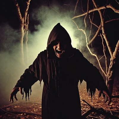 Menacing hooded man screaming in foggy forest