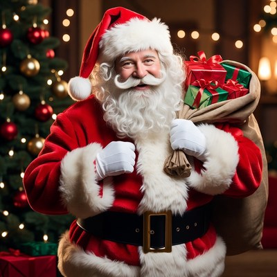 Smiling Santa Claus with sack and gifts