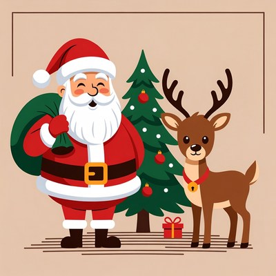 Santa Claus with Reindeer and Christmas Tree