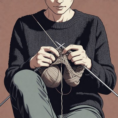 Person knitting with yarn balls