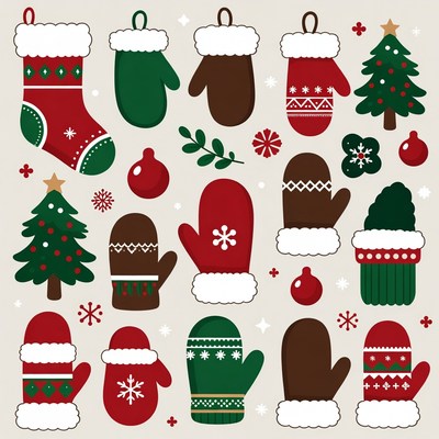 Christmas Stockings Mittens Trees Clipart
