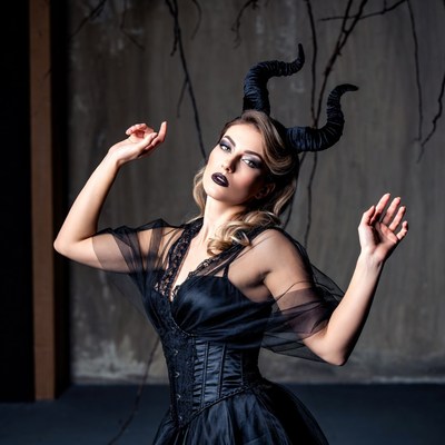 Woman in black demon horns costume