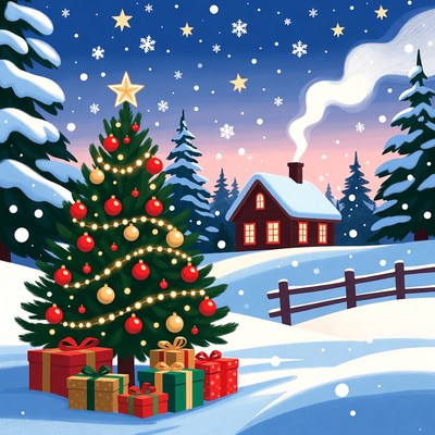 Snowy Christmas Tree with Cabin