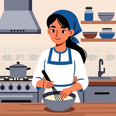 Asian woman whisking batter in kitchen