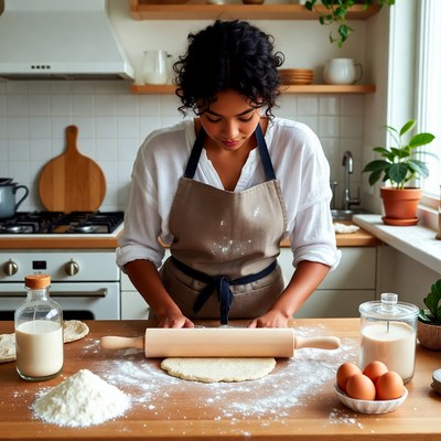 Woman rolling dough in kitchen