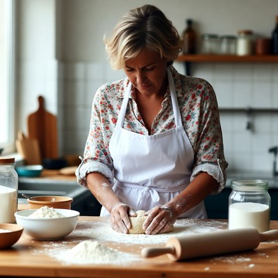 Woman kneading dough in kitchen