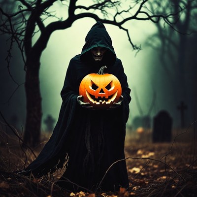 Hooded Figure Holding Jack-o-Lantern in Cemetery