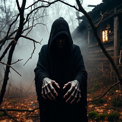 Hooded Figure Extending Ghostly Hands