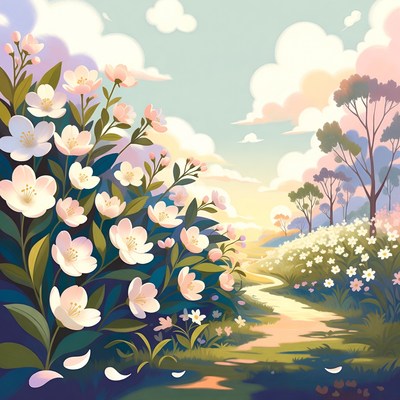 Blossoming Flower Path at Sunset