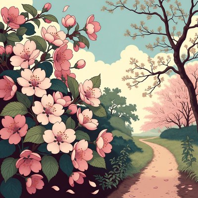 Pink Cherry Blossoms Along Path