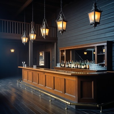 Rustic Wooden Bar with Lanterns