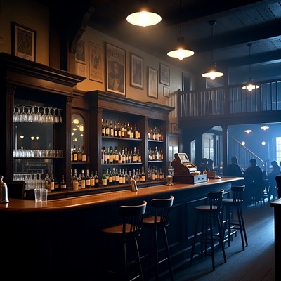 Vintage Wooden Bar with Patrons