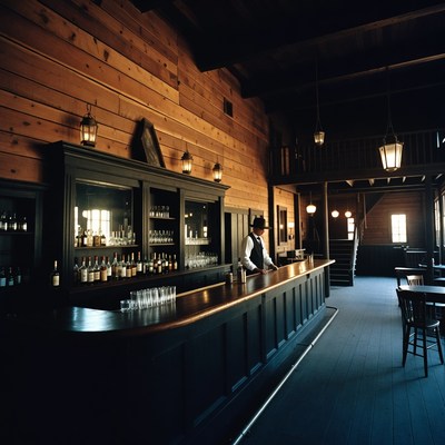 Bartender behind rustic wooden bar