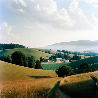 Rolling Green Hills with Farmhouses