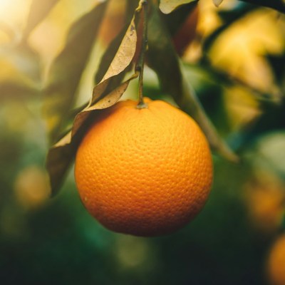 Ripe orange hanging on tree
