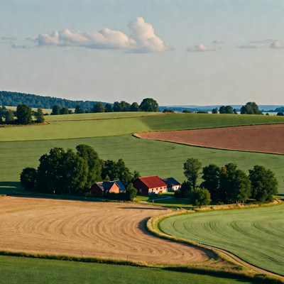 Red Houses in Colorful Farmland Landscape