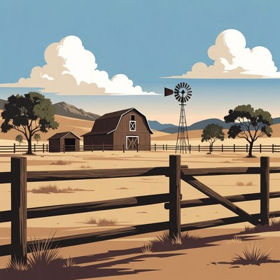 Red Barn Windmill Farm Landscape