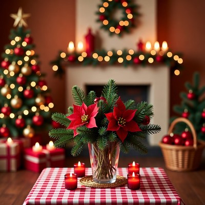 Christmas Poinsettias on Checkered Table