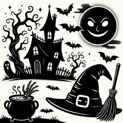 Halloween Silhouette with Witch Hat and Cauldron