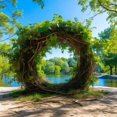 Vine-covered woven arch over lake