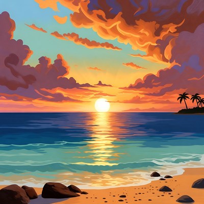 Vibrant Tropical Sunset Beach Illustration