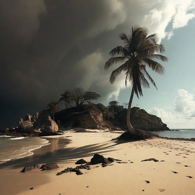 Tropical Beach with Palm Trees and Storm Clouds