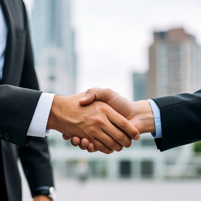 Businessmen shaking hands urban background