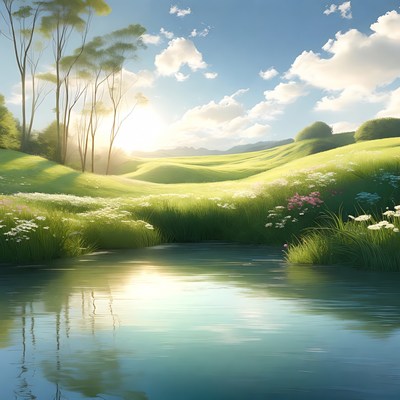 Sunny Green Hills with Stream and Flowers