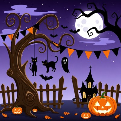 Halloween Tree with Pumpkins and Bats