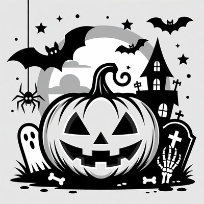 Halloween Jack-o-Lantern with Bats and Ghosts