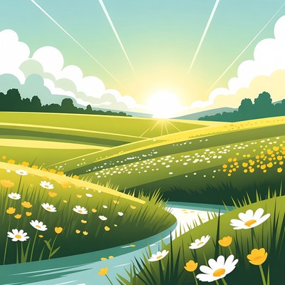 Sunrise Over Green Fields with Daisies