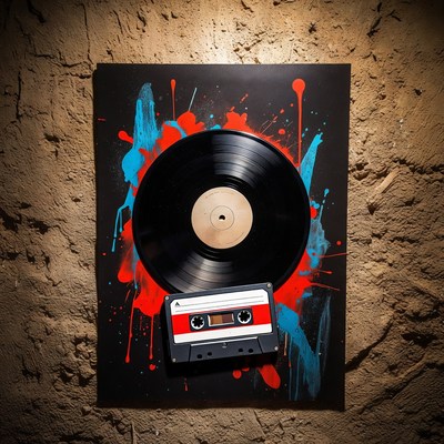 Vinyl Record and Cassette on Graffiti Poster
