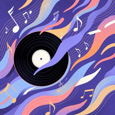 Vinyl Record with Floating Musical Notes