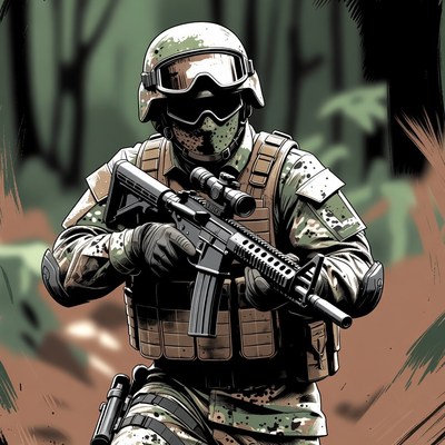 Soldier aiming rifle in jungle