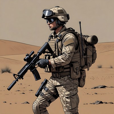 Soldier with rifle in desert