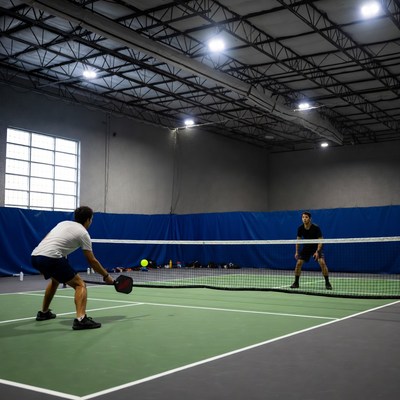 Two men playing pickleball indoors
