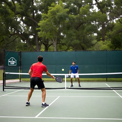 Men playing pickleball on outdoor court