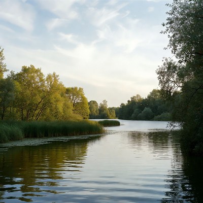 Serene lake with autumn reeds and trees