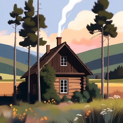 Cozy Log Cabin in Forest Illustration