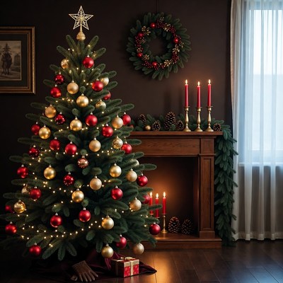 Festive Christmas Tree by Fireplace