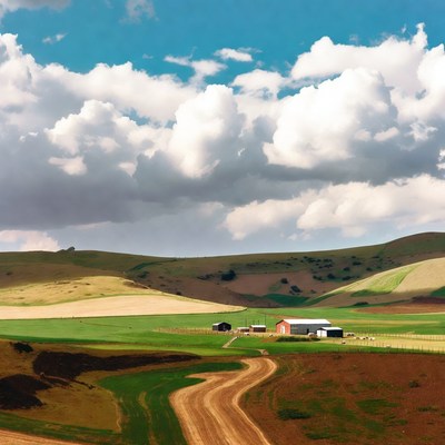 Farm with barns and rolling hills